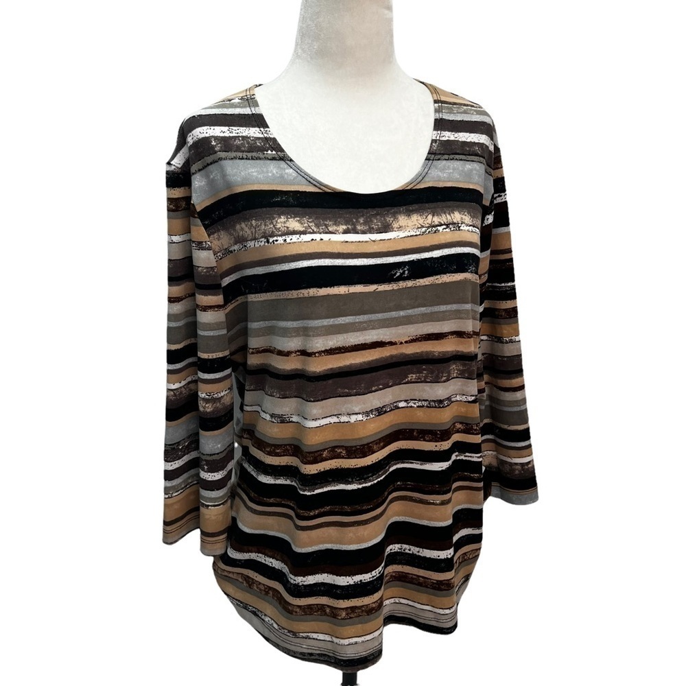 PICADILLY Fashions💙Beige Striped 3/4 Length Sleeve Top Size L